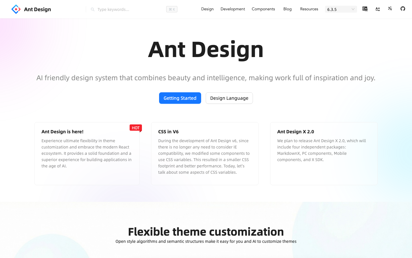 Screenshot of the Alibaba Ant Design design system